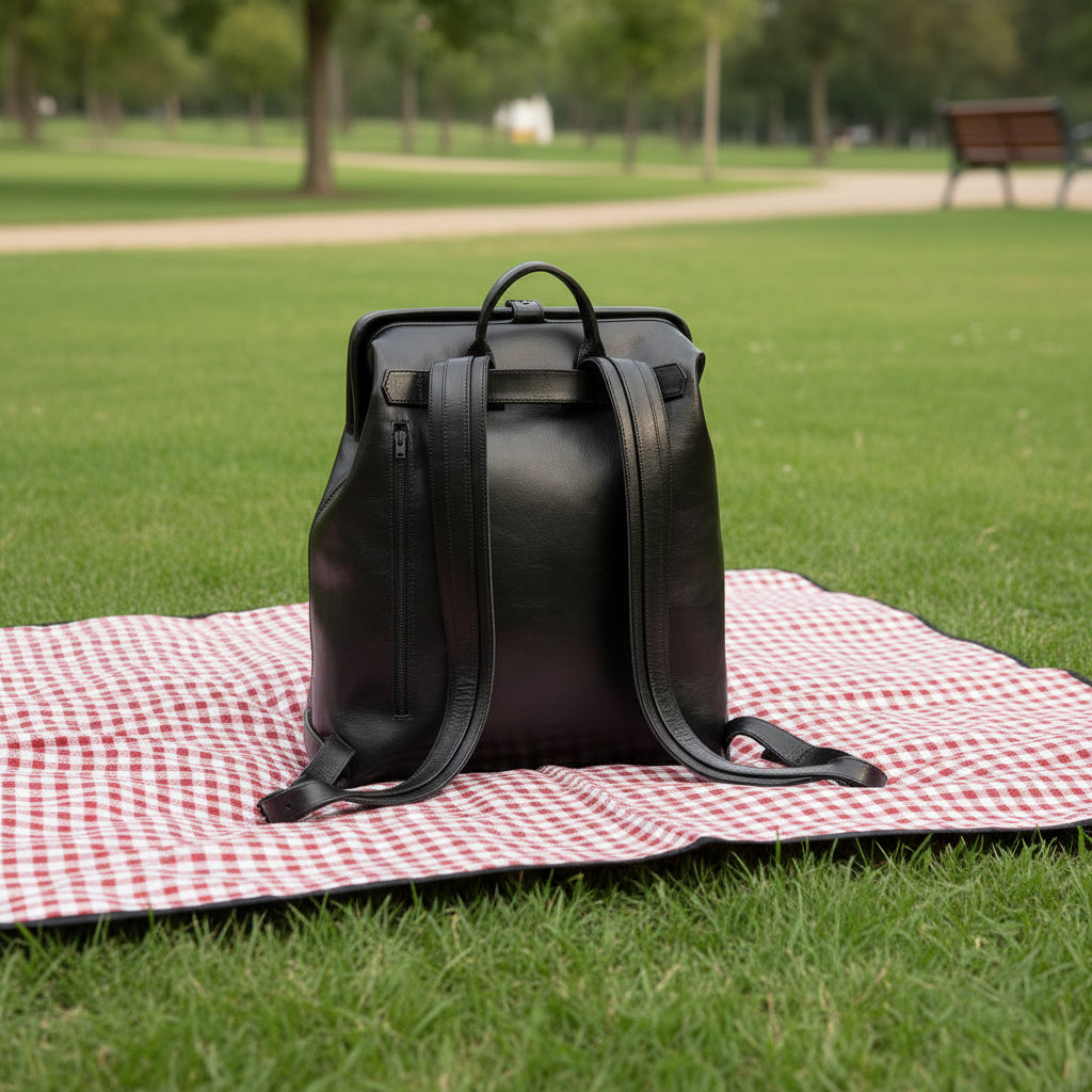 Den här ryggsäcken i svart läder ärhar en tidlös design med rena linjer och en stilren, strukturerad form.