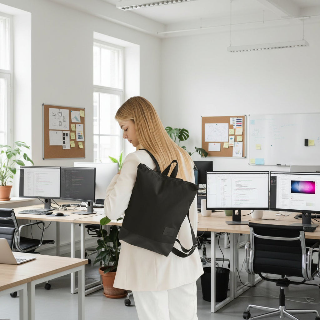 Vattentålig ryggsäck i slitstark polyester med läderförstärkning på väskans nedre del. En kvinna med långt hår bär väskan över sin ena axel Hon har vit kostym och står i ett arbetsrum fullt med skärmar. 