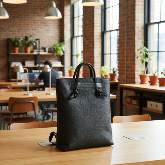 Nätt och elegant svart ryggsäck i läder, bara 5 cm djup placerad på ett bord i en co-working lounge. 