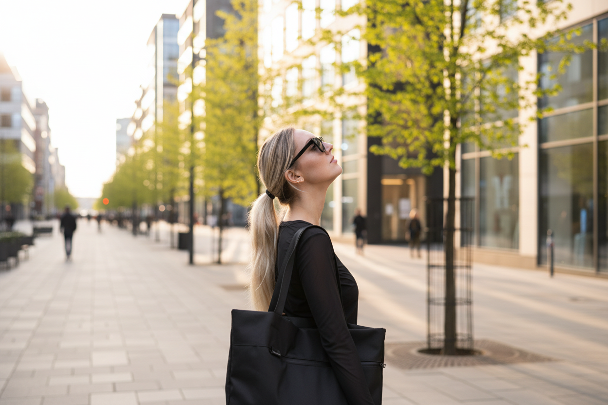 VIK toteväska large i svart kanvas från Nordhale, kvinna bär väskan över axeln. Hon har solglasögon och vänder ansiktet mot solen. 