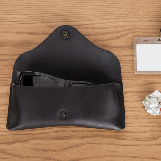 Svart glasögonfodral i läder på ett träbord med lite småsaker runt omring