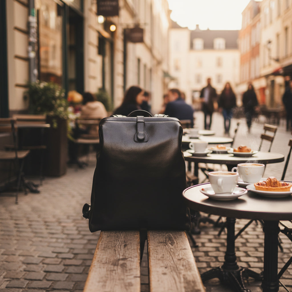 Ryggsäck i läder med stor öppning med metallram. Den står på en bänk på ett kafé. 
